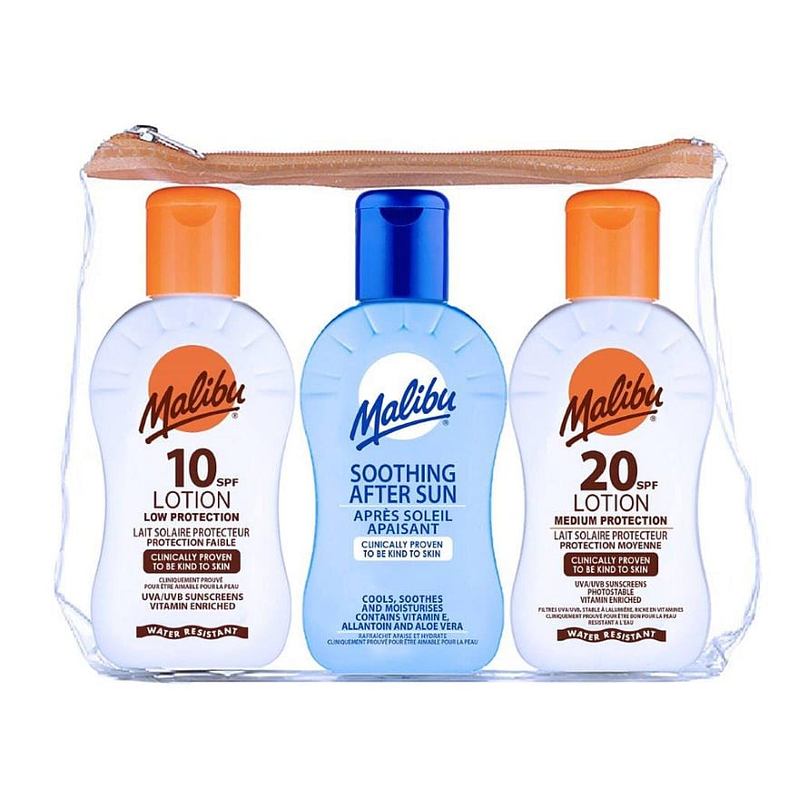 Malibu Travel Essentials, Sun Lotion and Soothing Aloe Vera Aftersun Lotion, Low t 3 x 100 ml
