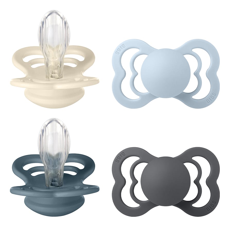 BIBS Supreme Silikone Sutter - 4-pak Ivory/Baby Blue/Petrol/Iron Str. 2